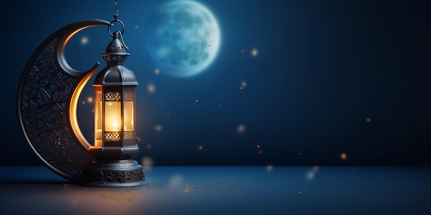 Crescent moon with lit lanterns Ramadan Karim background concept Generative Ai