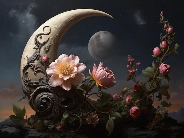 Crescent Moon with pink flower