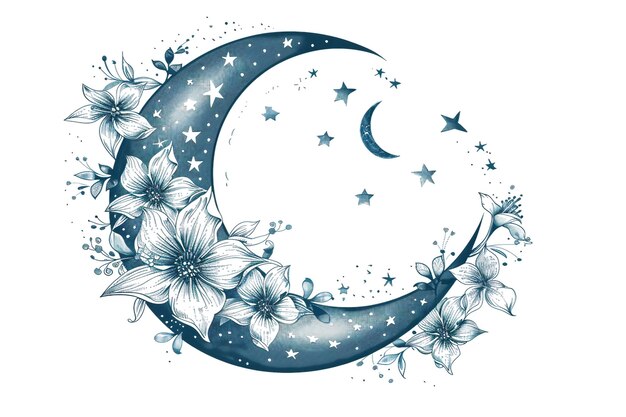 Photo crescent moon with stars and floral