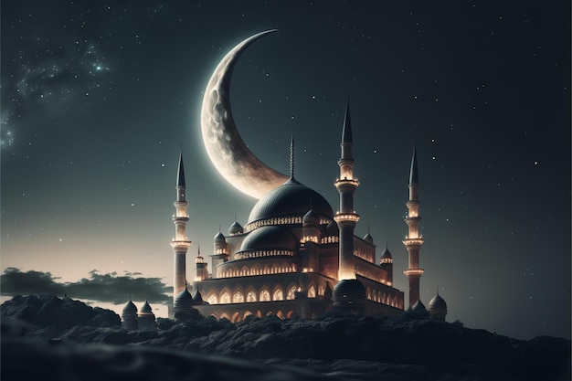 Crescent shaped moon and mosque in front of night cloudy and starry sky ramadan the holy month of muslims