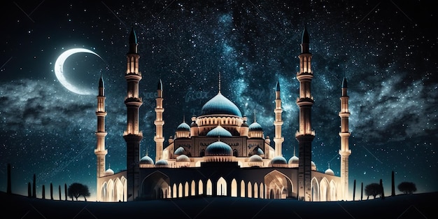 Crescent shaped moon and mosque in front of night cloudy and starry sky ramadan the holy month of muslims