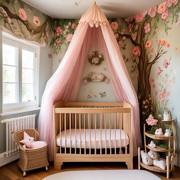 a crib with pink and white flowers on the wall