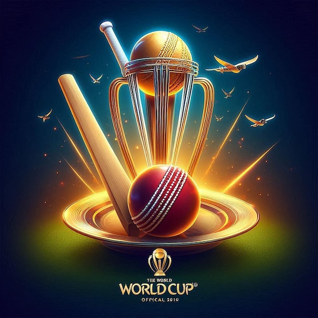 Photo cricket ball bat and wicket on a plate with the world cup