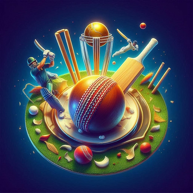 cricket ball bat and wicket on a plate with the World Cup