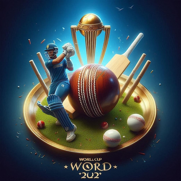 Photo cricket ball bat and wicket on a plate with the world cup