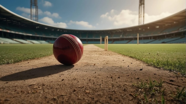 Cricket ball on grass with stadium behind