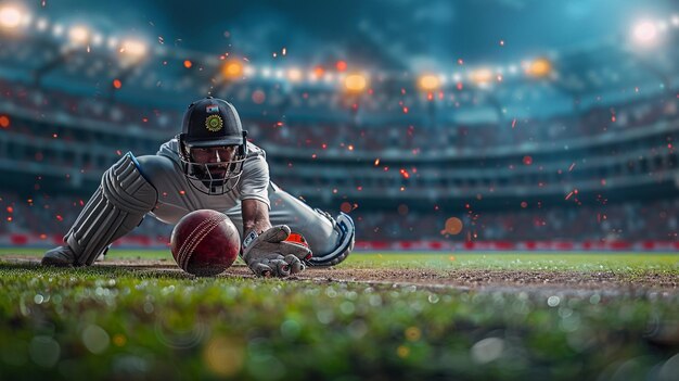 Photo a cricket ball is on the grass in a stadium with a blurry background