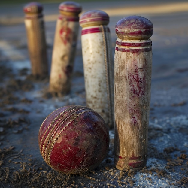 Photo cricket ball and stumps setup on a pitch