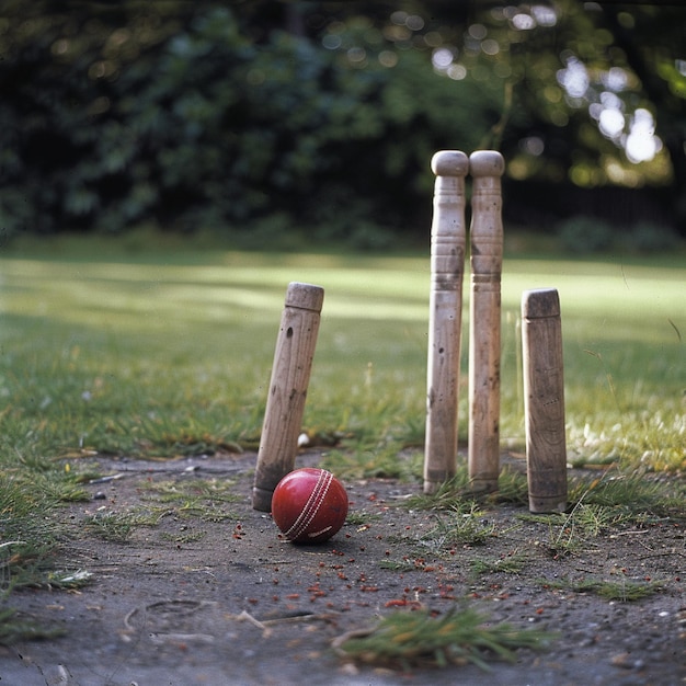 Photo cricket ball and stumps setup on a pitch