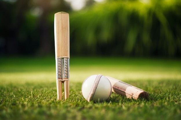 Photo cricket bat and ball set neatly on the grass