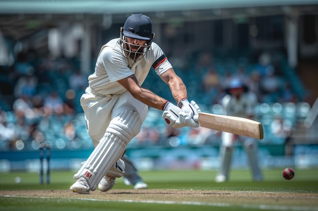 A cricket batsman defends his wicket against a fast bowler in a sunny afternoon match