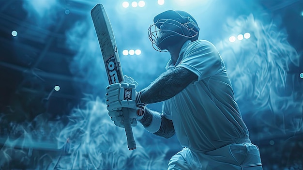 Cricket batsman pose with bat with bluish smoke