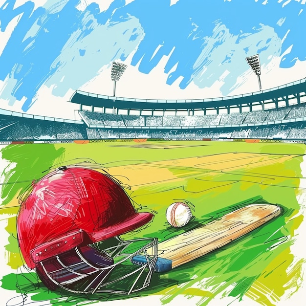 Cricket championship with ball wicket with helmet in cricket stadium freehand sketch