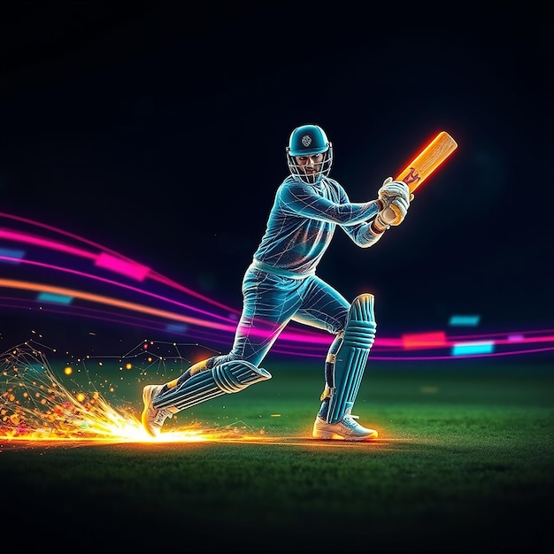 Cricket game with action player and neon light