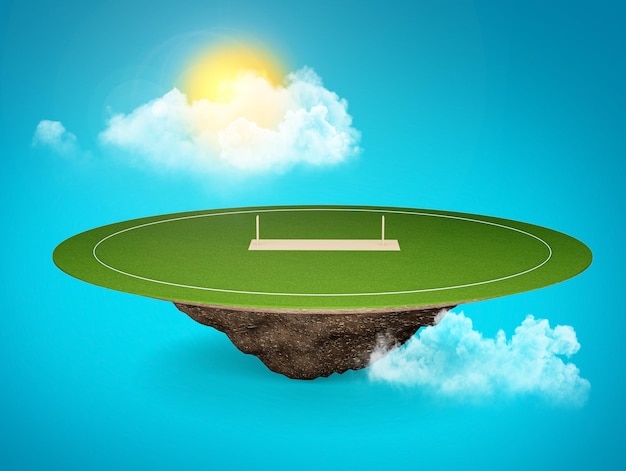 Cricket Ground in the Sky clouds moving sun light lens flare 3d illustration