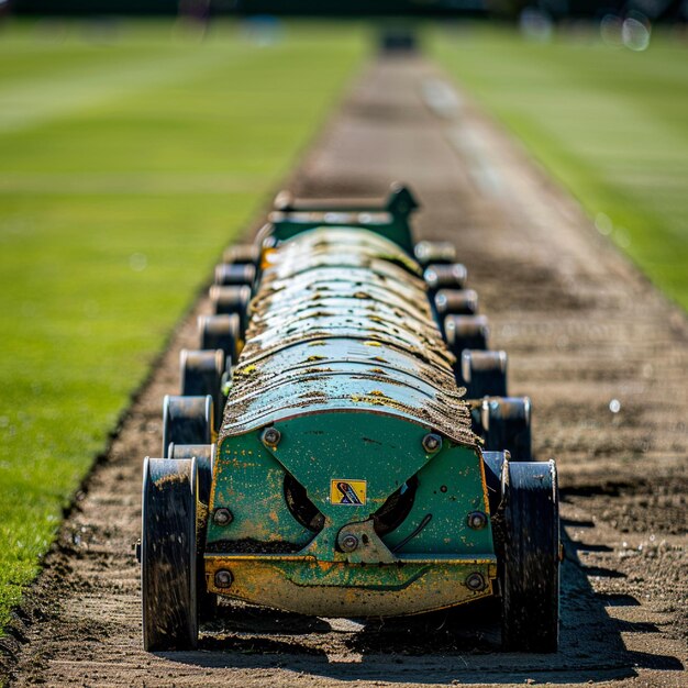 Photo cricket pitch roller and a closeup of pitch maintenance equipment