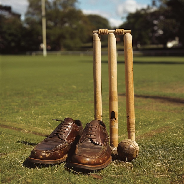 Photo cricket shoes and stumps on the cricket pitch