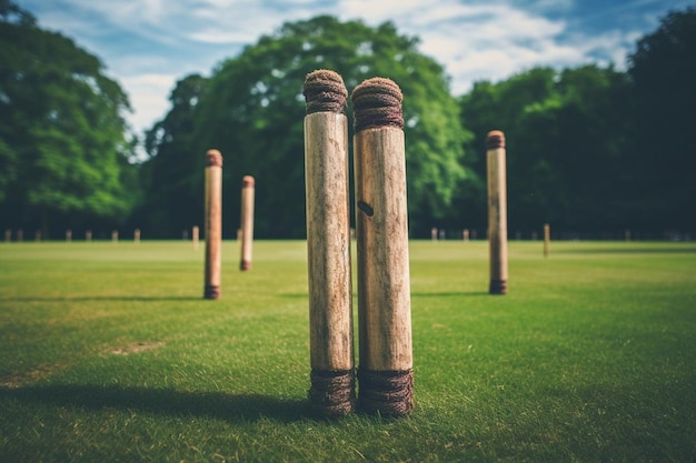 Photo cricket stumps aligned on a green pitch