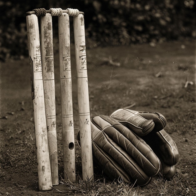 Photo cricket stumps and gloves of a fielder