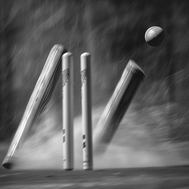 Photo cricket stumps with a cricket ball in motion