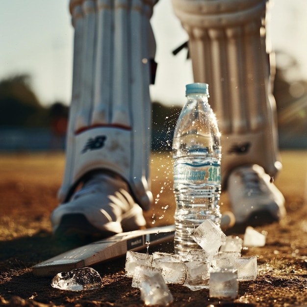 Photo cricket water bottle and a player adding ice cubes