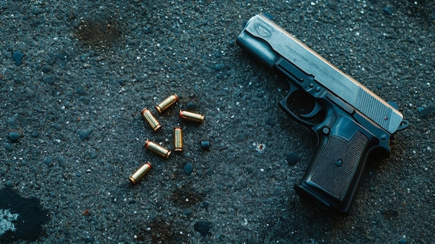 Photo crime scene investigation pistol and bullet shells against the crime marker on the ground