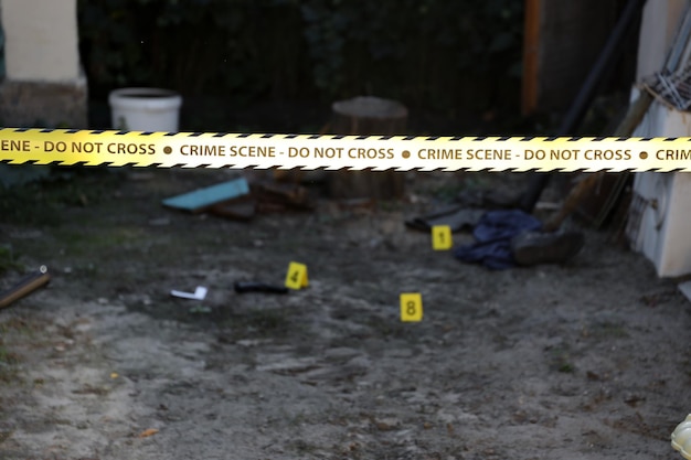 Crime scene tape for covering the area cordon Yellow tape with blurred forensic law enforcement background in cinematic tone