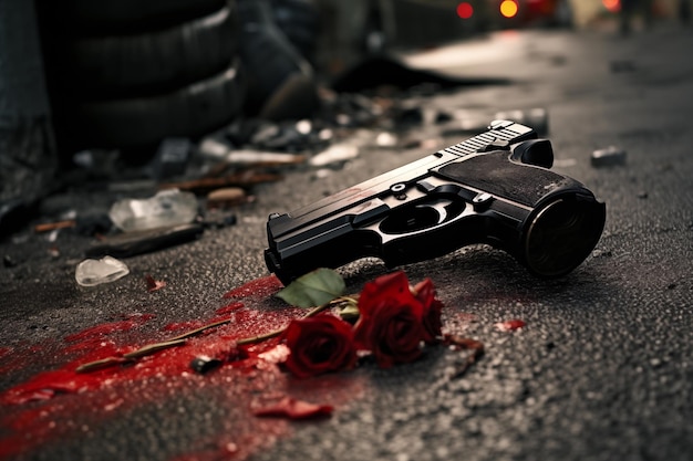 Crime scene with a gun and a rose lying on the ground Gun violence consequences