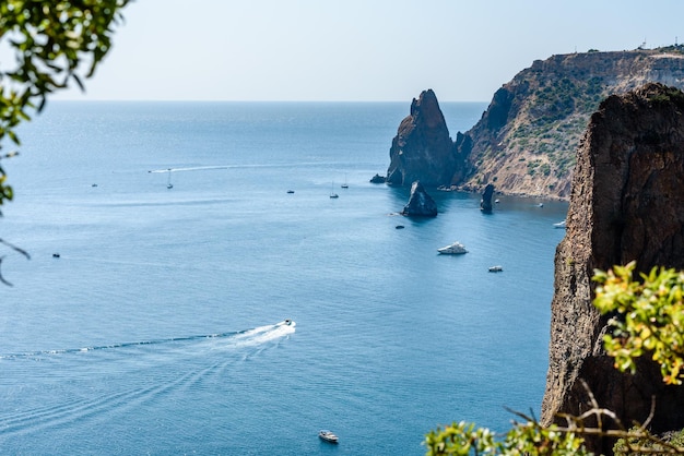 Crimea Balaklava September 15 2019 Jasper beach near Sevastopol and Cape Fiolent