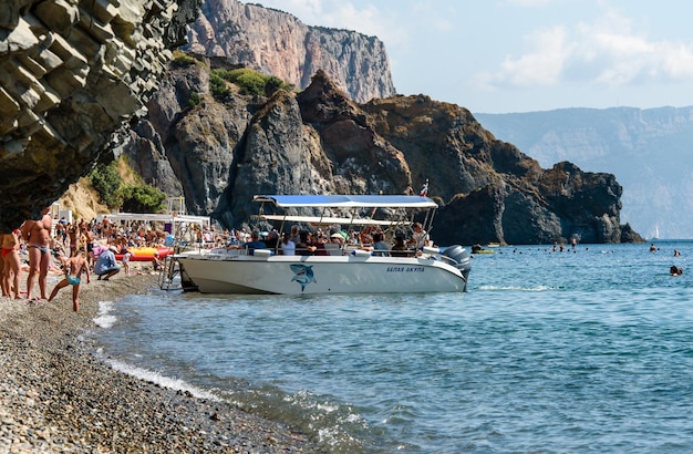 Crimea Balaklava September 15 2019 pleasure boat with tourists on the water