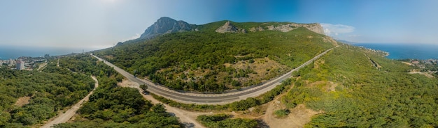 Crimea landscape high resolution aerial panorama view of mountains hills seaside city