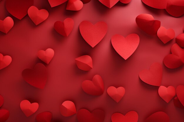 Crimson affection with red paper hearts on a red paper background symbolizing love