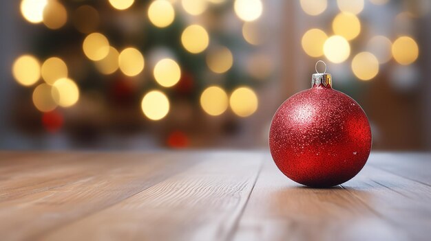 Crimson Bokeh Christmas Tree on Wood Floor Indoor Still Life