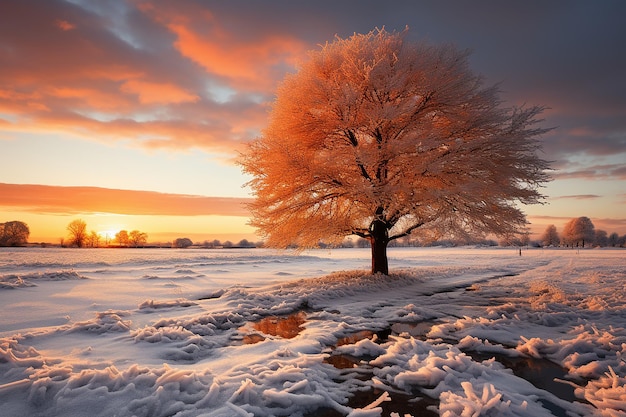 Crimson Chill Sunset Over SnowBlanketed Meadow