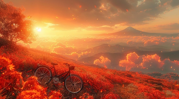 Crimson Dusk A Serene Bicycle Journey through a Blossoming Dreamscape