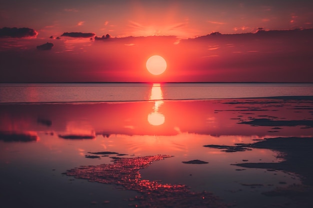 Crimson sky sunset the hot sun goes beyond the horizon of the sea Generative AI