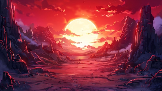 Crimson Sunset Over a Rocky Landscape