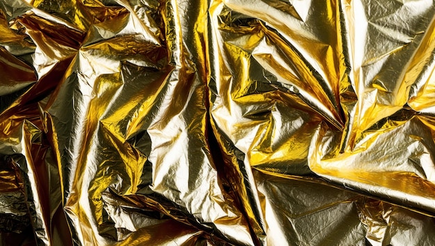 Photo crinkled gold foil texture showcases luxurious shiny and reflective surfaces