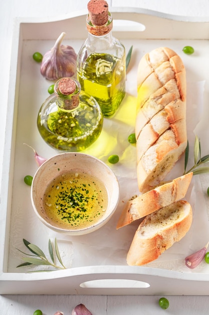 Cripsy and fresh baguette made of garlic and olive oil