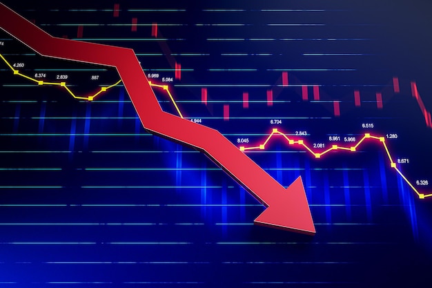 Crisis and financial downturn concept with red arrow falling down and digital financial chart and diagram with stock market data indicators on virtual screen 3D Render