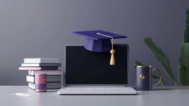 A crisp 3D render showcasing a laptop a graduation cap and a stack of books