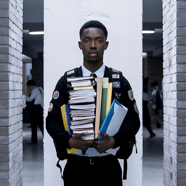 A crisp and clear photo of a male student standing in front of a blue wall