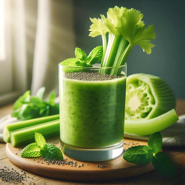 the crisp freshness of a celery smoothie blending green stalks with juicy fruits and creamy yogurt