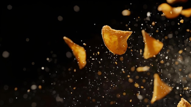 Photo crisp golden potato chips flying against a dark background captured in sharp detail perfect image for snack advertising dynamic delicious and mouthwatering ai