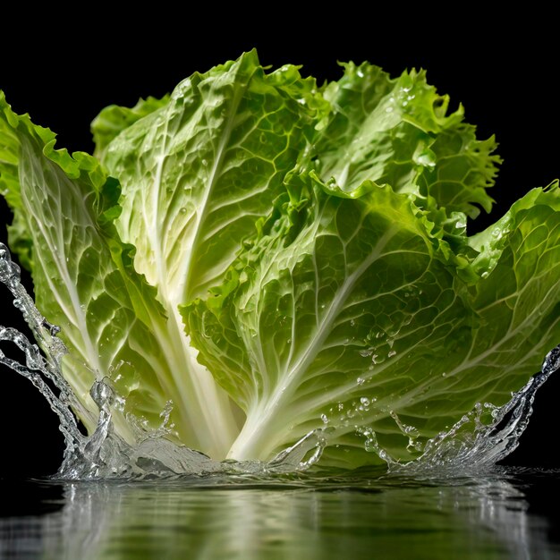 Photo crisp lettuce leaves caught midsplash glistening against a stark black background