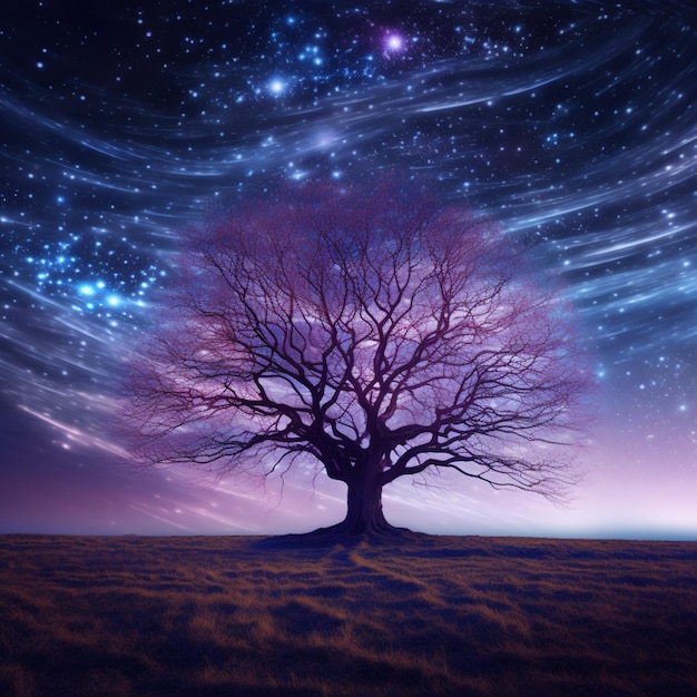 Crisp photography of a tree in front of a starry Ai generated art