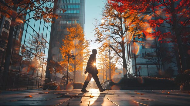 Photo a crisp vibrant photograph of a silhouetted person walking down a city sidewalk on a sunny day