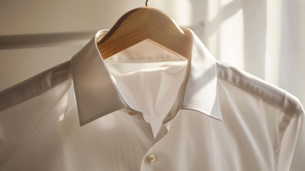 Crisp white buttondown shirt hanging on a wooden hanger illuminated by warm sunlight