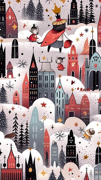 Crisp white snow blankets the rooftops of cozy houses Festive trees line the streets Warmth abounds generative AI Xmas design