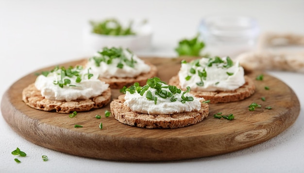 Photo crispbread with cream cheese and herbs on wooden board light background tasty and healthy snack